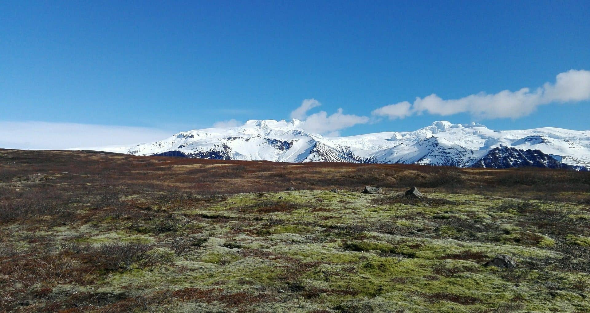 The snow-capped Öræfajökull volcano rises above a mossy plain in Vatnajökull National Park, southeast Iceland.