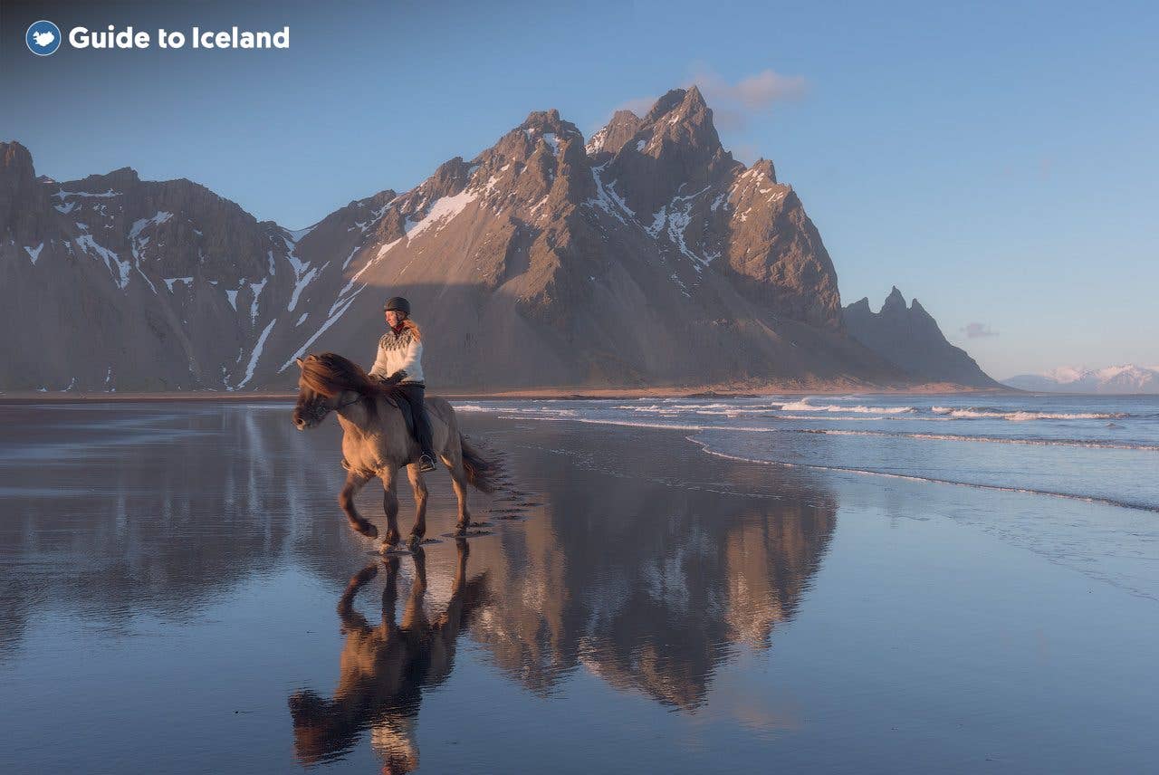 A rider on an Icelandic horse crosses a mirror-still beach beneath the Eystrahorn mountains in southeast Iceland.