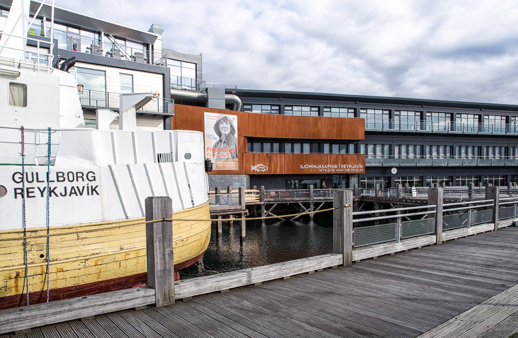 The Gullborg boat sits outside the Reykjavík Maritime Museum on the old harbour in Iceland.