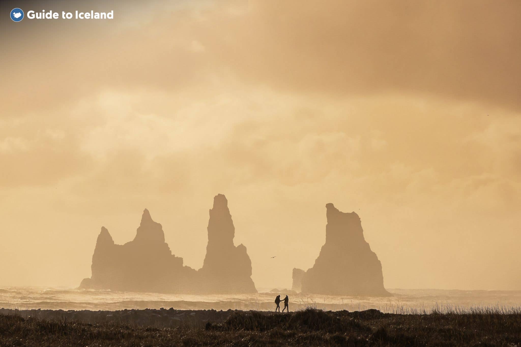 Two people stand before the misty Reynisdrangar sea stacks at Reynisfjara black-sand beach in South Iceland.