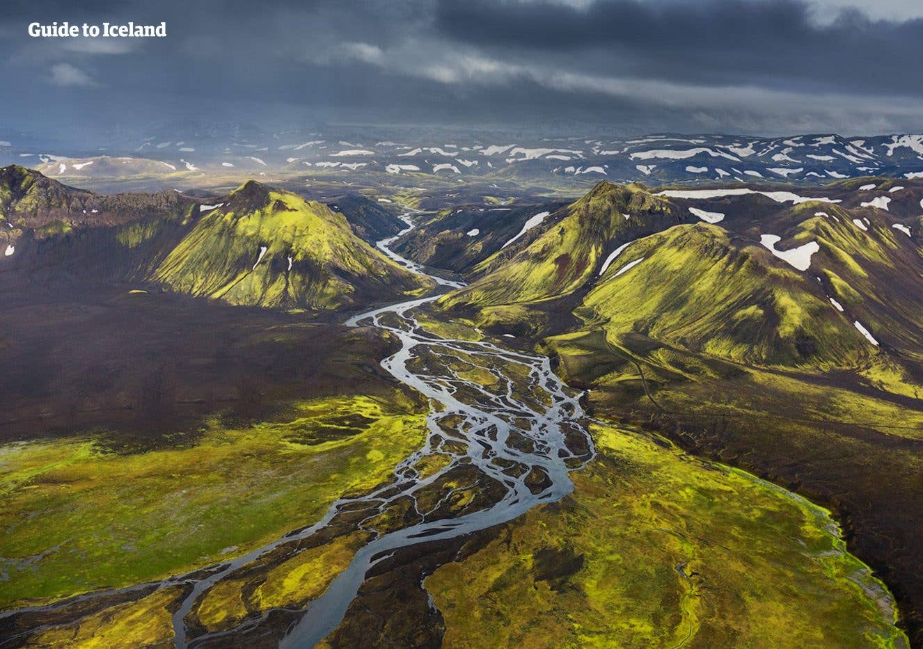 Rugged mountains and glacial rivers stretch across the Fjallabak Nature Reserve in the Icelandic Highlands.