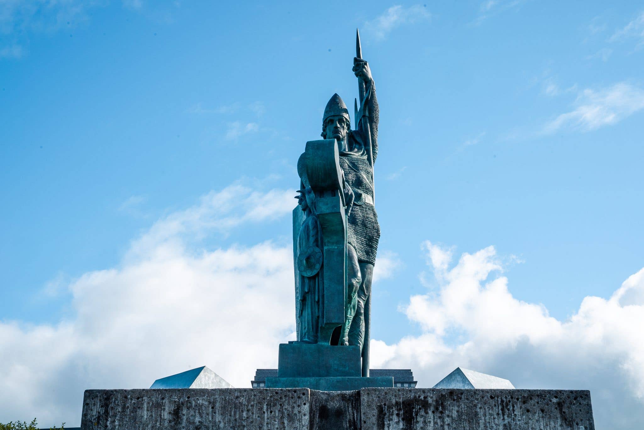 The statue of settler Ingólfur Arnarson looks out from Arnarhóll hill over central Reykjavík, Iceland.