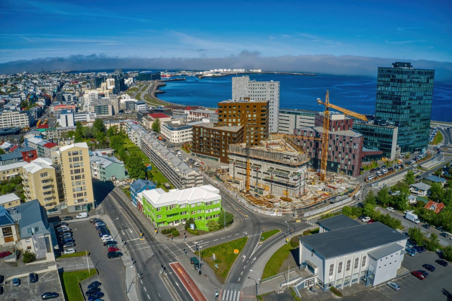 An aerial view over the buildings and harbour of central Reykjavík, the capital of Iceland.