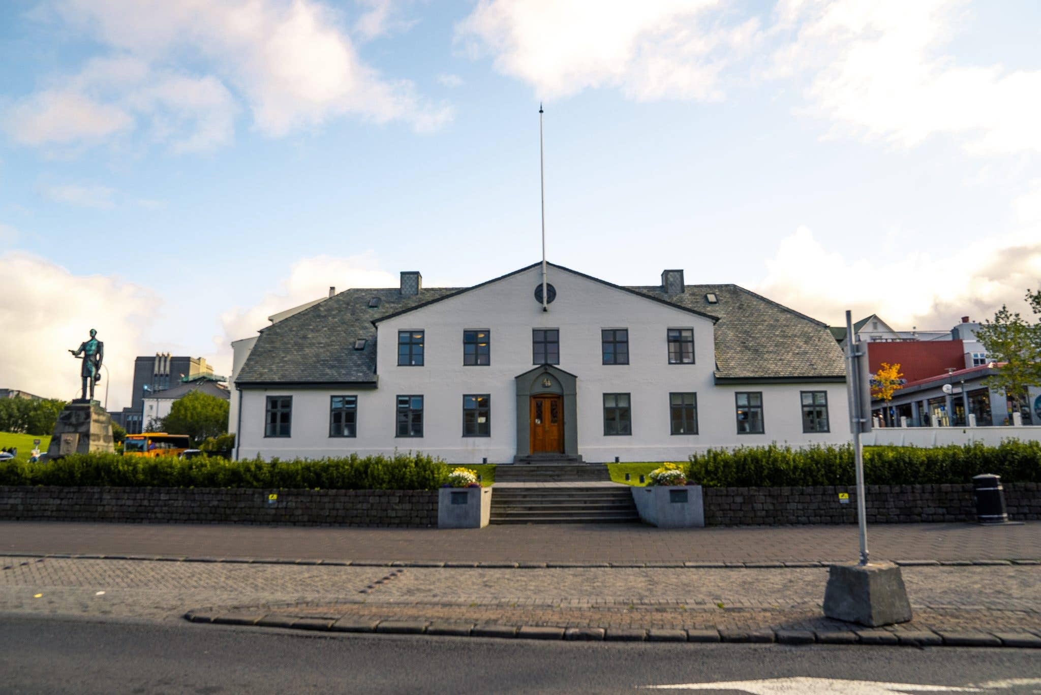The white Stjórnarráðið government house stands in central Reykjavík, Iceland.