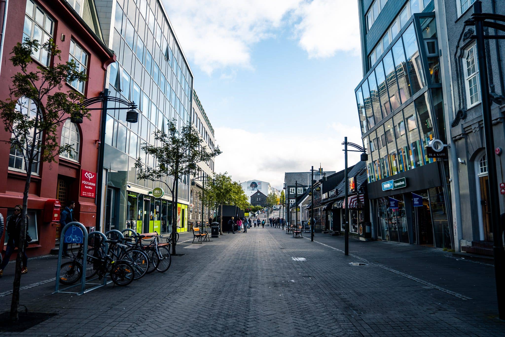 A quiet shopping street runs through the old centre of Reykjavík, Iceland.