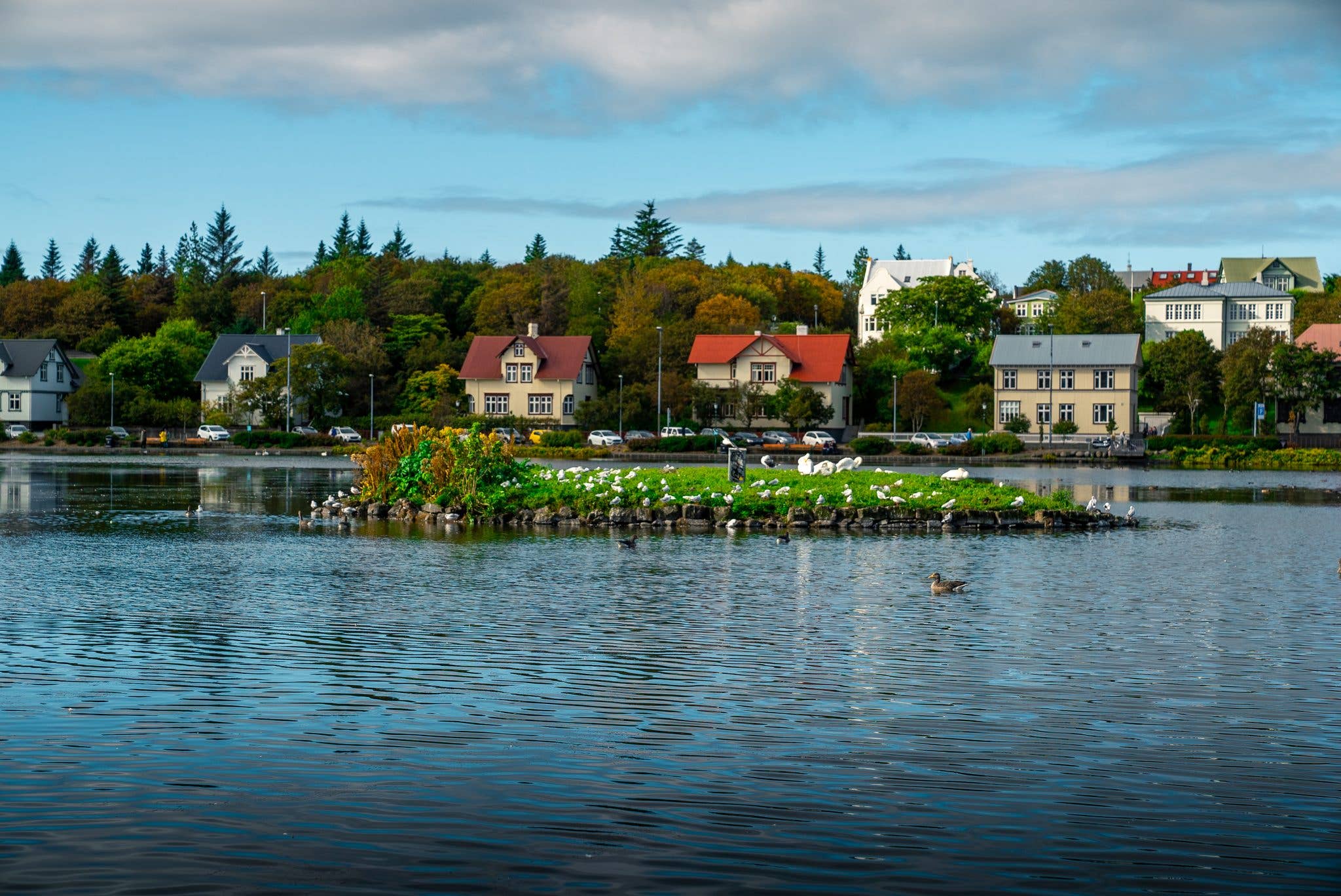 City buildings reflect in the still water of the Tjörnin pond in Reykjavík, Iceland.