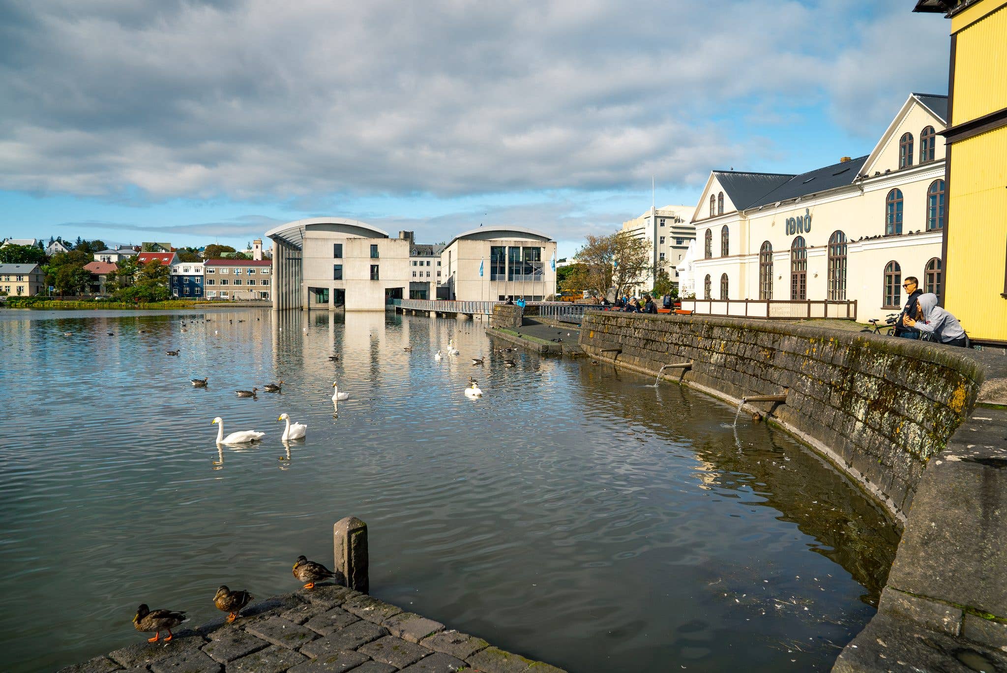 Waterfront houses reflect in the Tjörnin pond in central Reykjavík, Iceland.