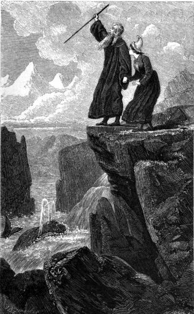 Nineteenth-century engraving of people fleeing a monstrous whale, illustrating the legend of Raudhofdi. Nineteenth-century engraving of people fleeing a monstrous whale, illustrating the legend of Raudhofdi.