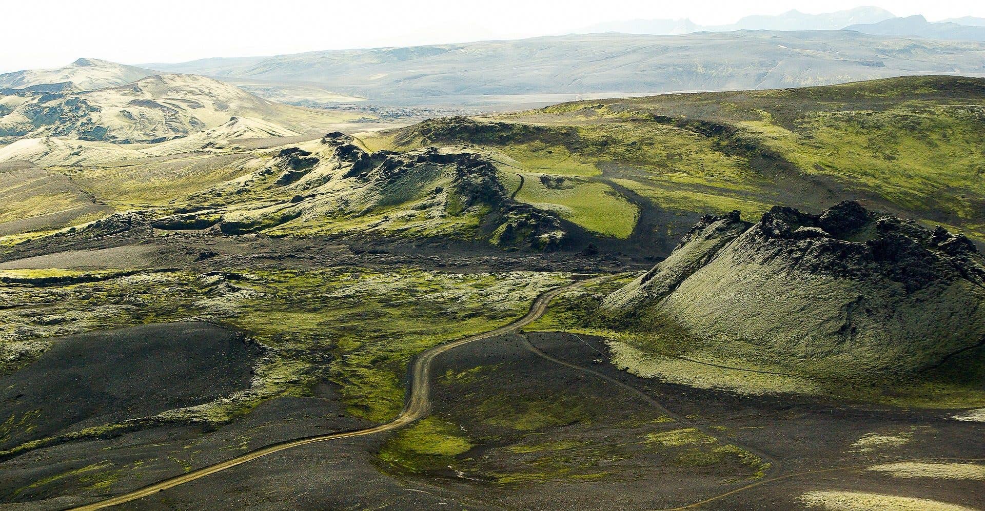 A crater lake fills one of the Lakagígar row of volcanic craters in the highlands of South Iceland.