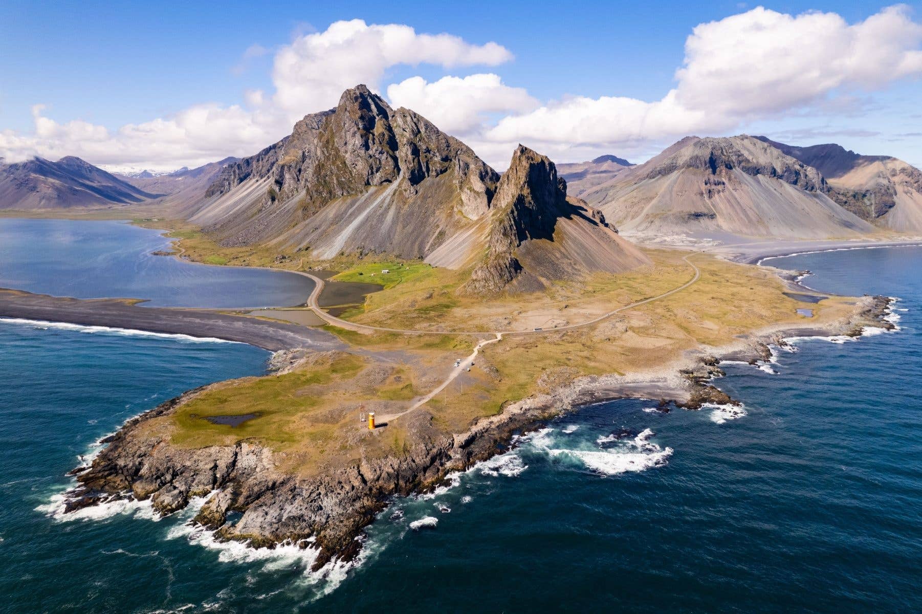 The Eystrahorn mountain reaches out along the Hvalnes peninsula in Southeast Iceland.