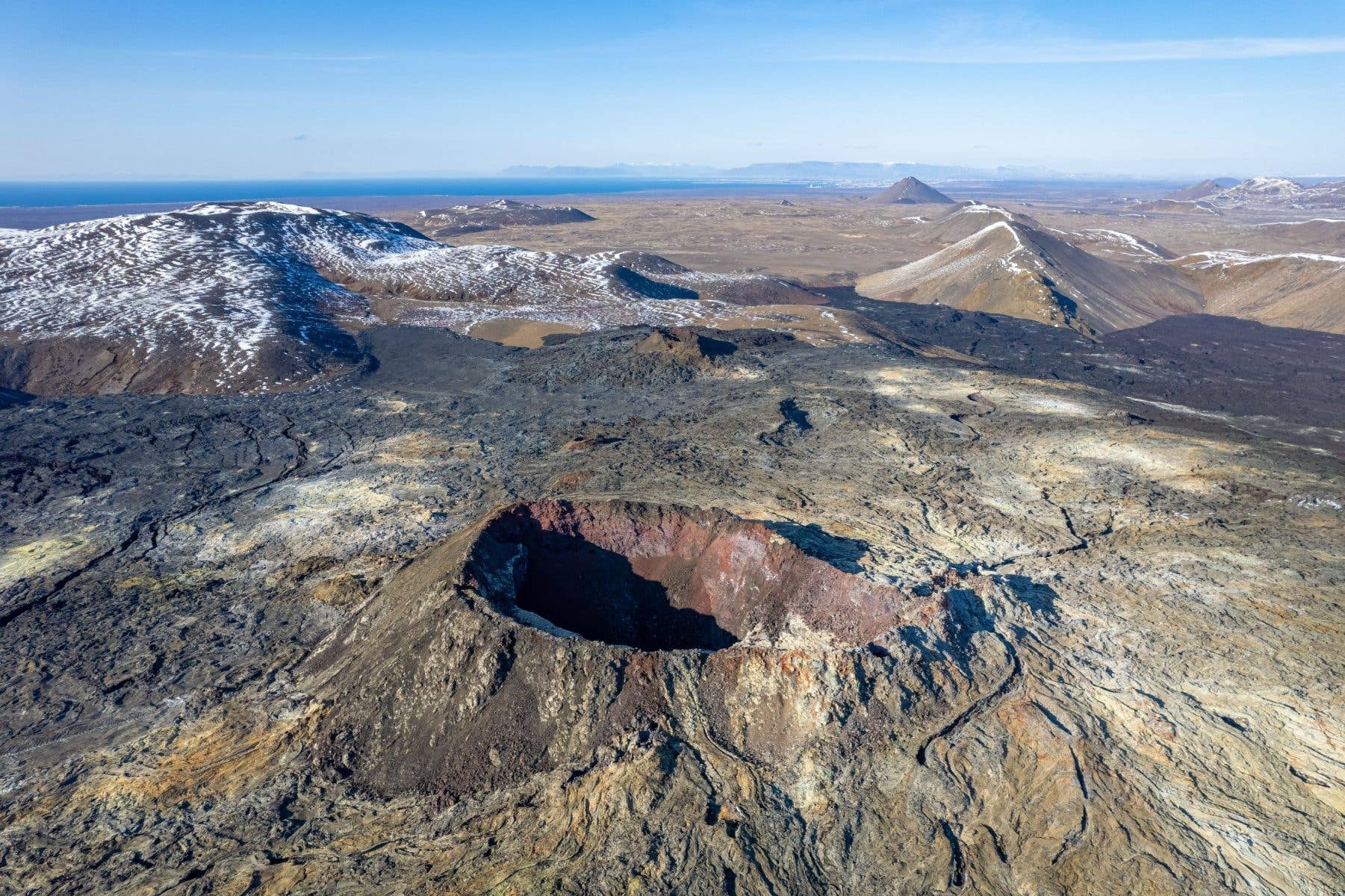 An aerial view of a volcanic crater on the Reykjanes Peninsula in Southwest Iceland.