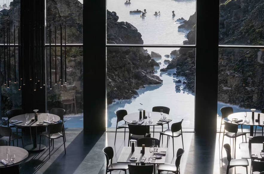 Lava Restaurant at the Blue Lagoon with a view of the geothermal waters.