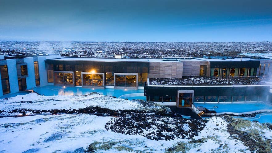 Retreat Hotel at the Blue Lagoon surrounded by volcanic landscape in Iceland.