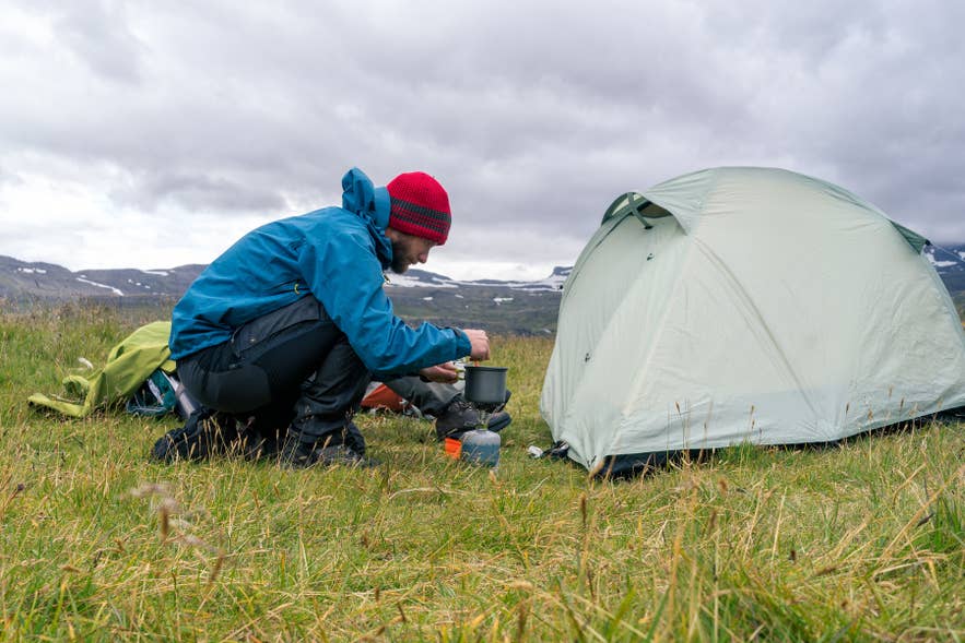 A tent pitched at a campsite in Jokulsargljufur Canyon in Iceland.