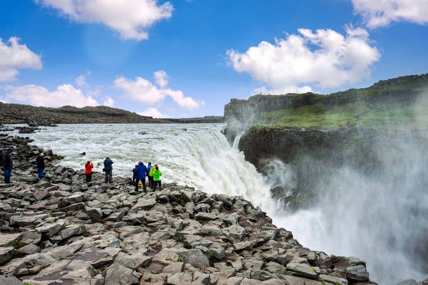 Dettifoss Waterfall in Jokulsargljufur Canyon during the peak summer visiting season.