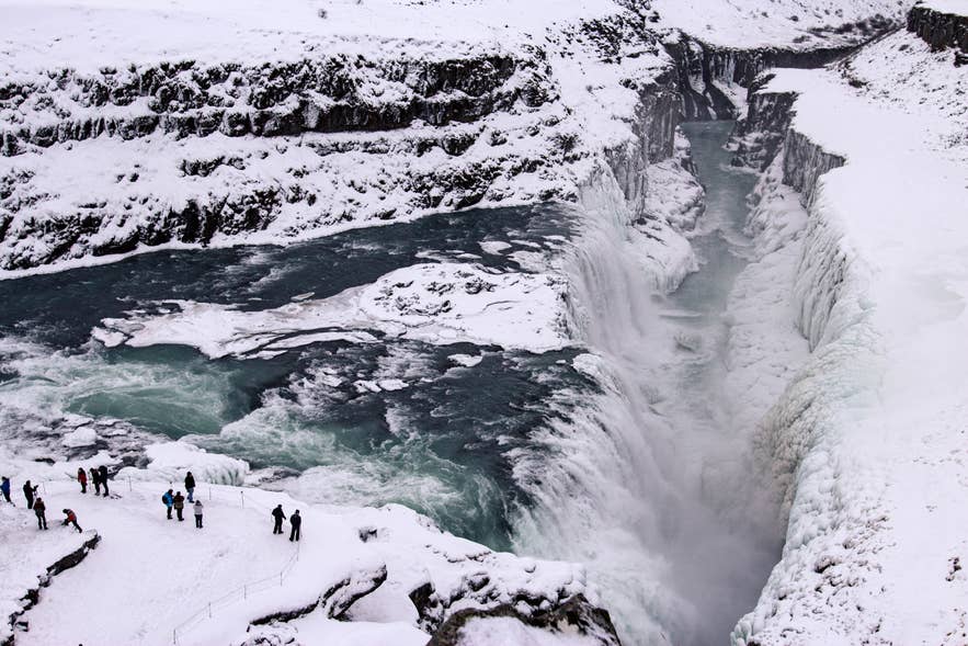Gullfoss waterfall dropping in two tiers into a gorge on the Golden Circle of Iceland