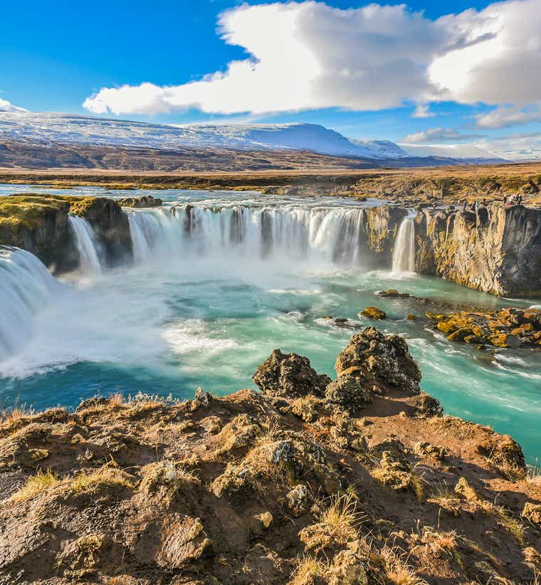 Scenic view of Godafoss Waterfall, a top attraction near Laugar in North Iceland.