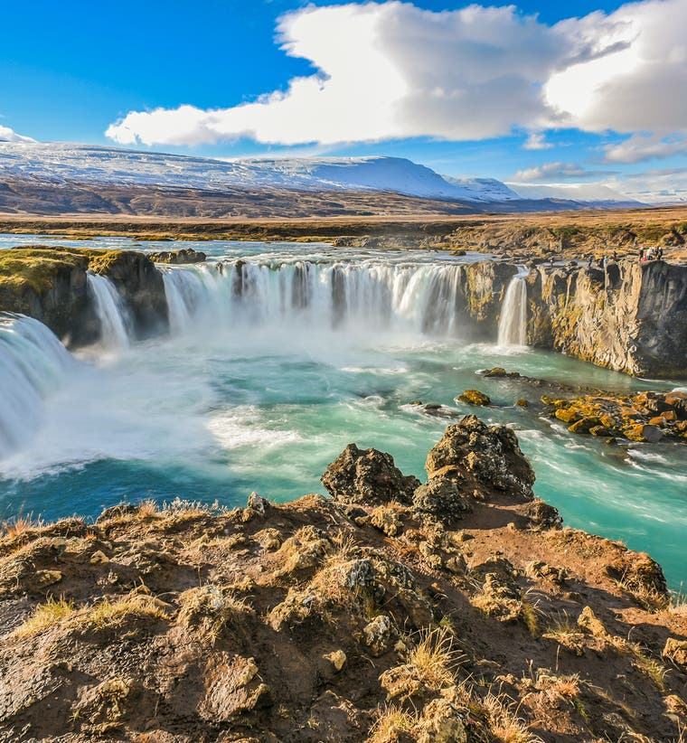 Scenic view of Godafoss Waterfall, a top attraction near Laugar in North Iceland.
