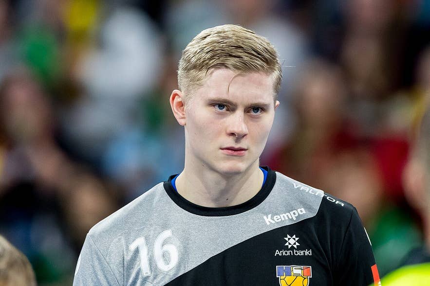 Icelandic handball goalkeeper Viktor Gisli Hallgrimsson in the Iceland national team kit