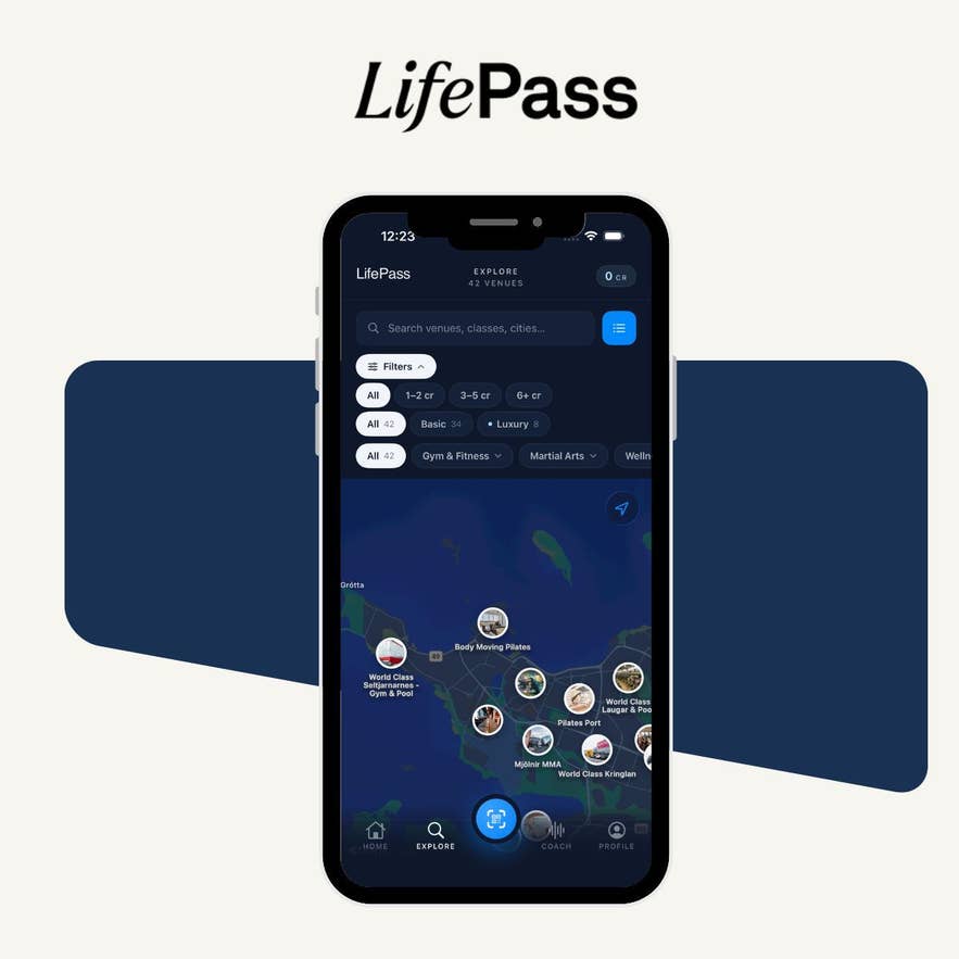 The LifePass app Explore screen showing a map of partner venues across the Reykjavik area.