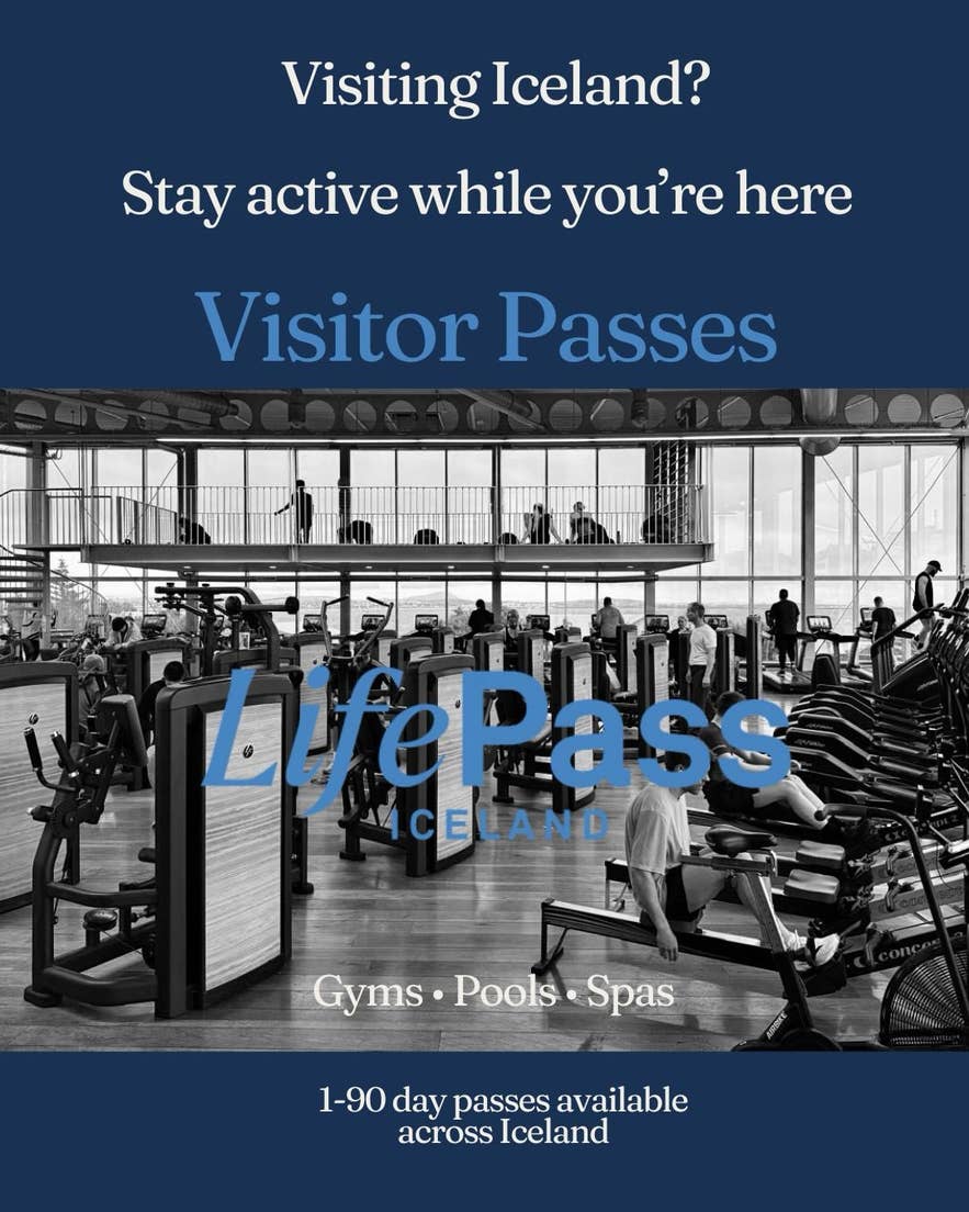 LifePass visitor pass advert offering 1 to 90 day access to gyms, pools, and spas in Iceland.