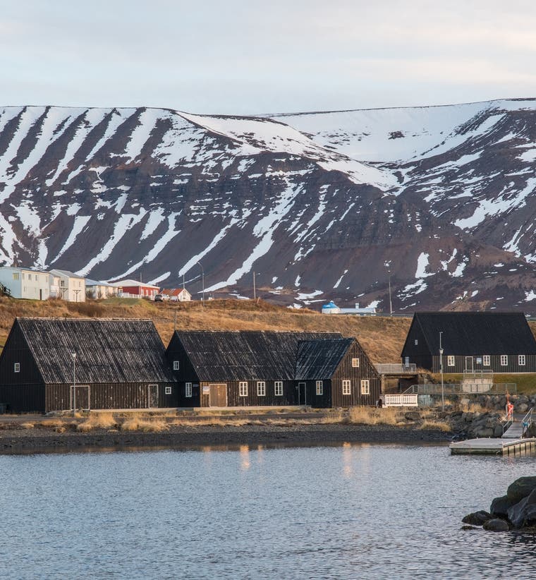Hofsos in North Iceland overlooking Skagafjordur Fjord and the surrounding mountains.