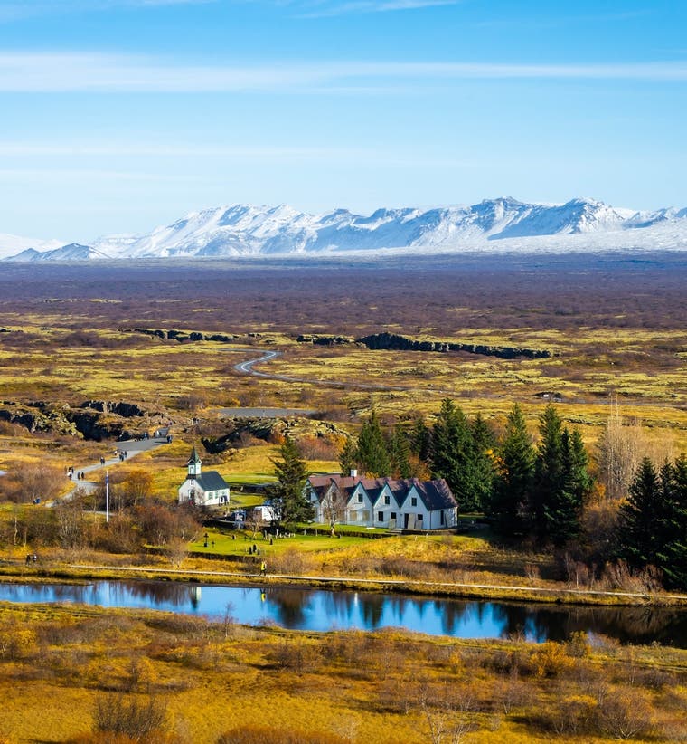 Aerial view of Thingvellir National Park in South Iceland with its historic landscape and surrounding mountains.