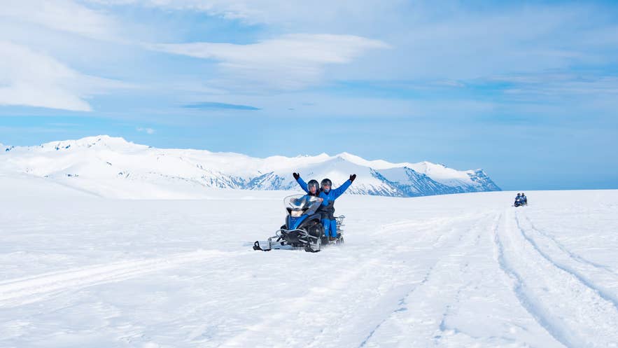 Snowmobiling on Skalafellsjokull, the Vatnajokull outlet glacier where The Midnight Sky was filmed.