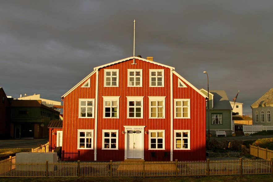 The red Hotel Egilsen in Stykkisholmur, seen when the town played Nuuk, Greenland in The Secret Life of Walter Mitty.