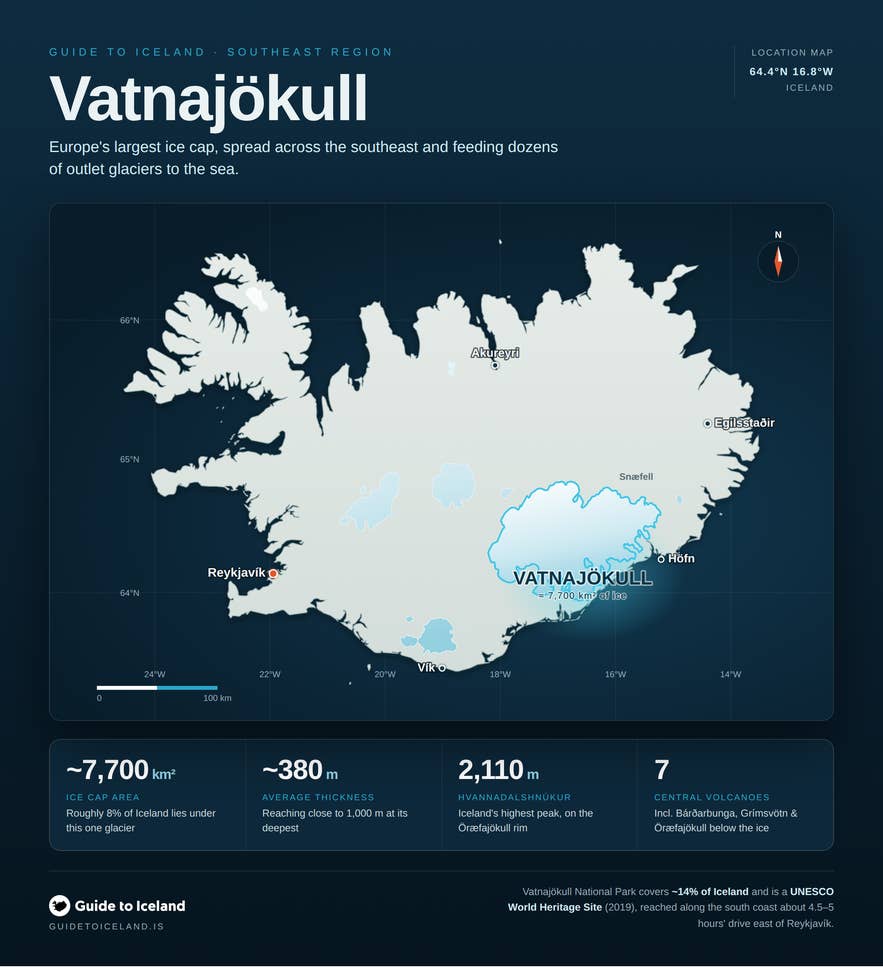 Map of Iceland showing the location of Vatnajokull glacier and national park in the southeast