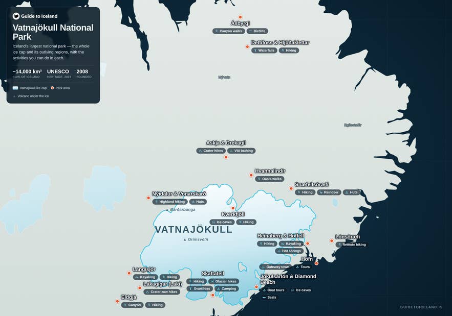 Map of Vatnajokull National Park showing its regions, hiking areas and activities across Iceland