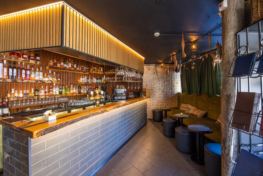 The ground-floor bar and lounge seating at Sjávargrillið in Reykjavik.