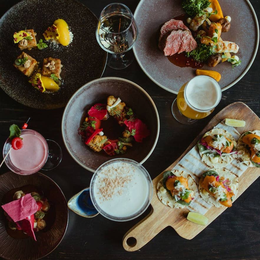Langoustine tacos, grilled lamb, desserts, and cocktails from Sjávargrillið's tasting menu on Skolavordustigur.