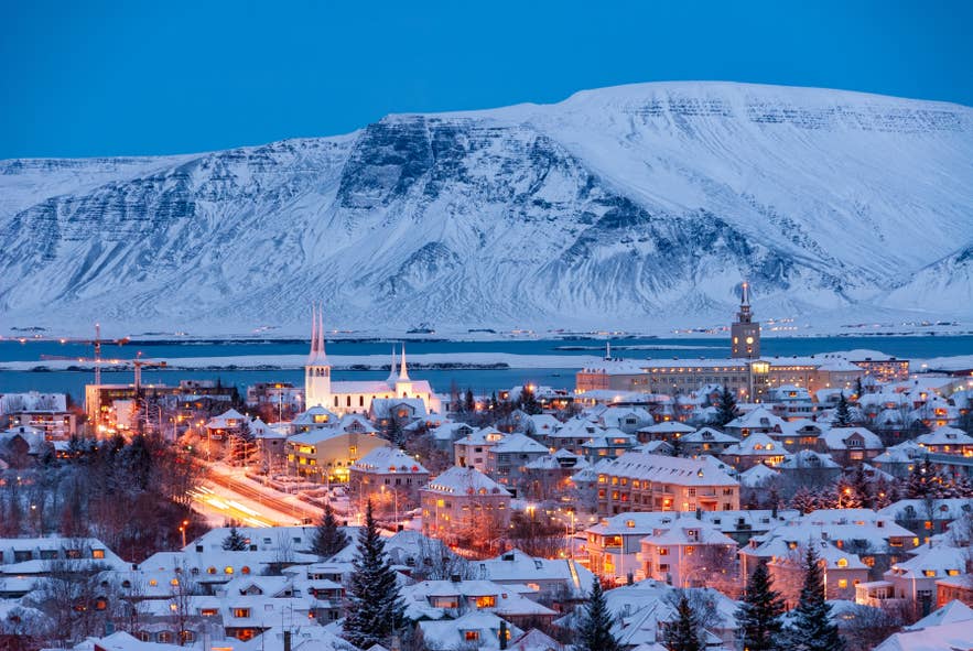 Snow-covered rooftops of Reykjavik in winter in Iceland.