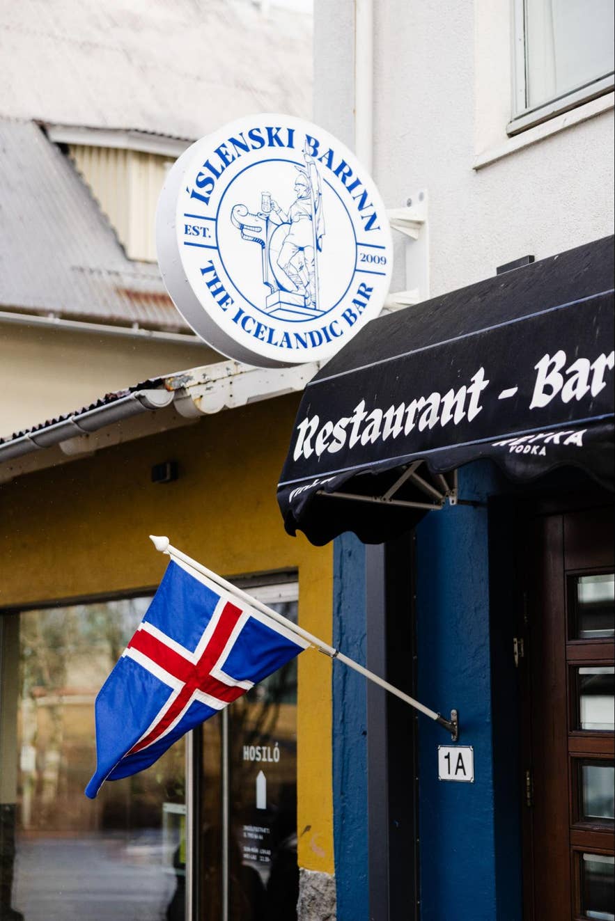 The storefront and entrance of Islenski Barinn in central Reykjavik.