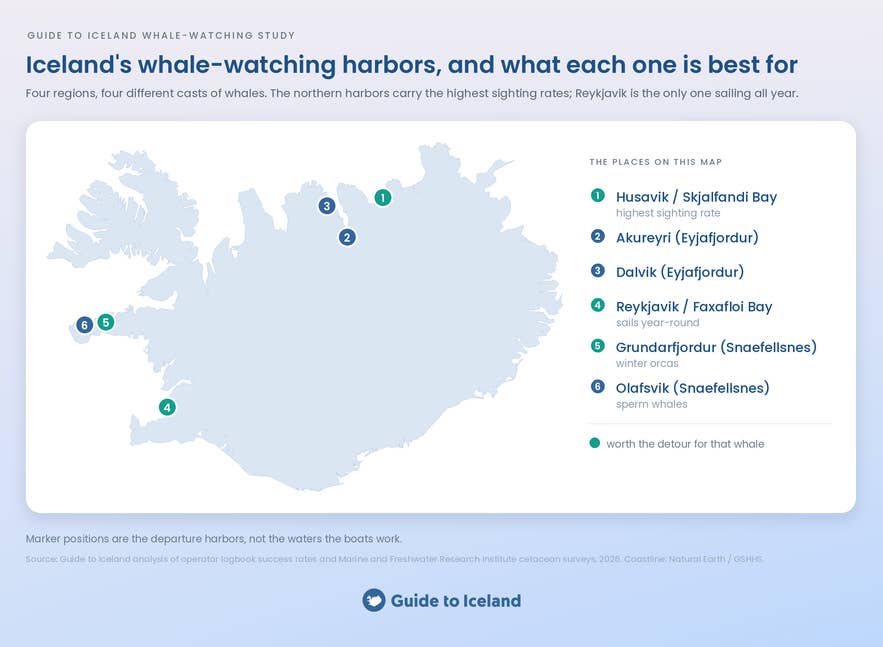 Map of Iceland's whale-watching harbors