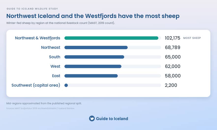 Chart of winter-fed sheep by region in Iceland, with the Northwest and Westfjords leading the count.