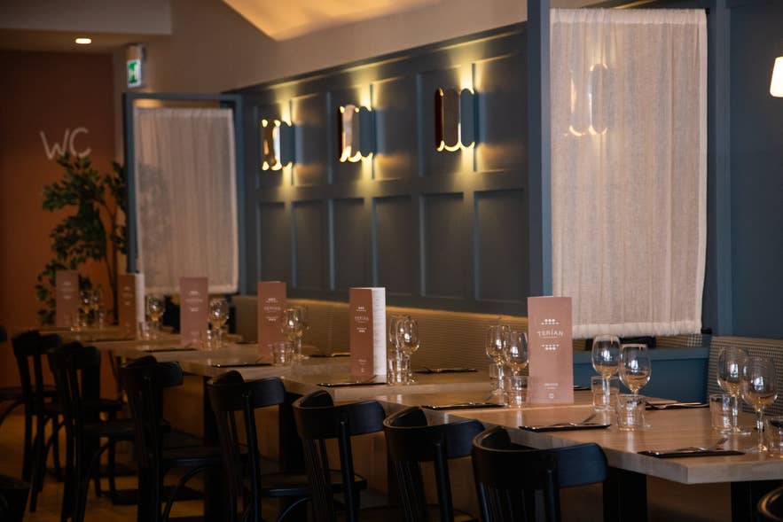 Light dining room with blue-green walls, bentwood chairs, and plants at Terian Brasserie in Hotel KEA, Akureyri