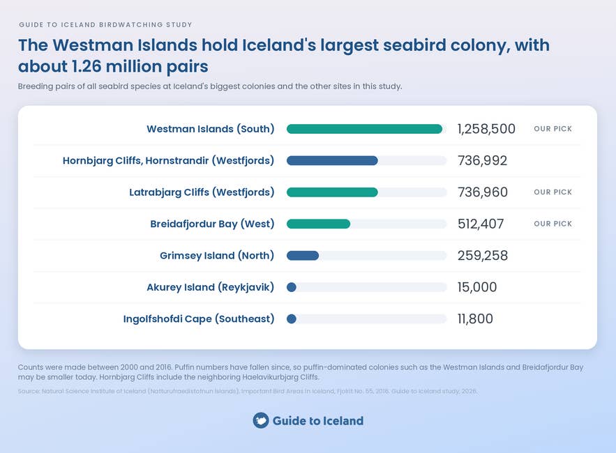 Chart of the biggest seabird colonies in Iceland by breeding pairs, led by the Westman Islands