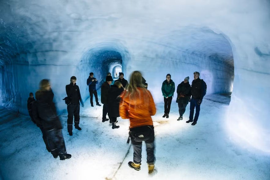 A view of the man-made tunnels inside Langjokull Glacier, showing accessible pathways for visitors.