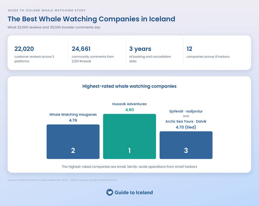 Infographic of the best whale watching companies in Iceland from 22,020 reviews, with the top-rated companies