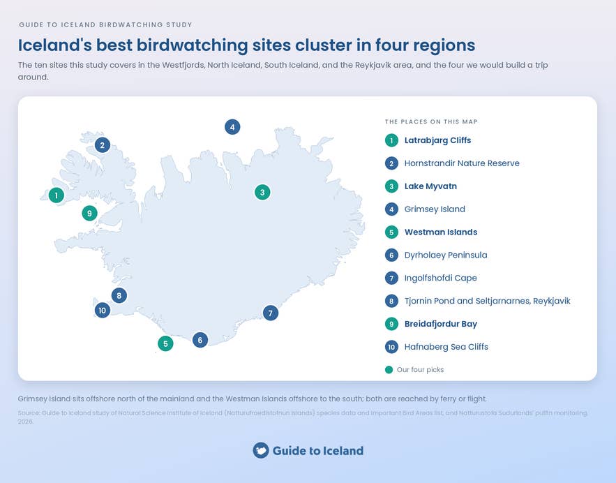 Infographic about the best birdwatching sites in Iceland.