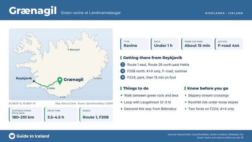 Infographic about Grænagil: key facts, directions, things to do and what to know before you go, with a map of Iceland