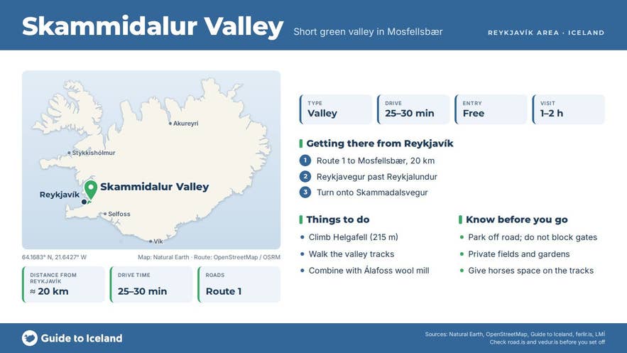 Infographic about Skammidalur: key facts, directions, things to do and what to know before you go, with a map of Iceland