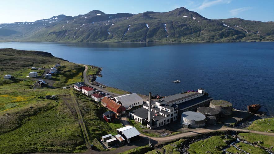 Aerial view of Djúpavík and the old herring factory at the head of Reykjarfjörður on the Strandir coast Aerial view of Djúpavík and the old herring factory at the head of Reykjarfjörður on the Strandir coast