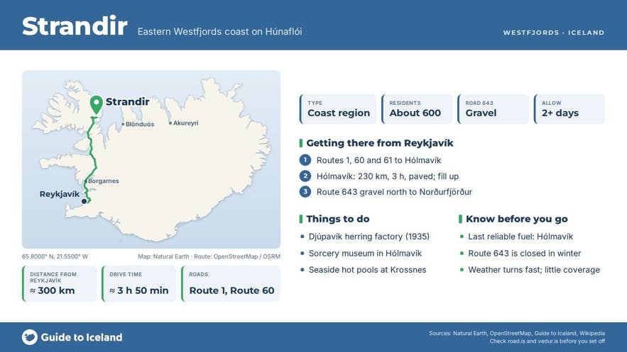 Infographic about Strandir: key facts, directions, things to do and what to know before you go, with a map of Iceland Infographic about Strandir: key facts, directions, things to do and what to know before you go, with a map of Iceland