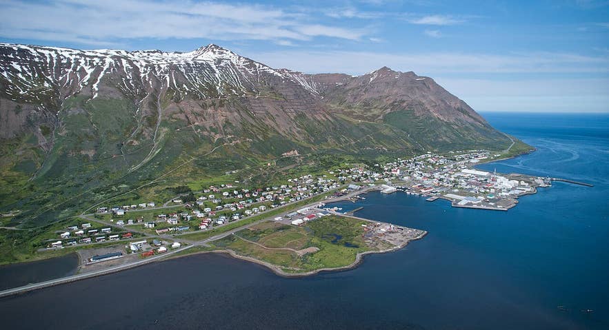 Aerial view of the head of Siglufjörður with the airstrip and the mouth of Hólsdalur valley, North Iceland