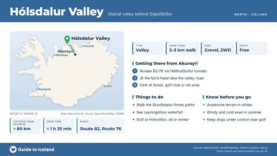 Infographic about Hólsdalur: key facts, directions, things to do and what to know before you go, with a map of Iceland