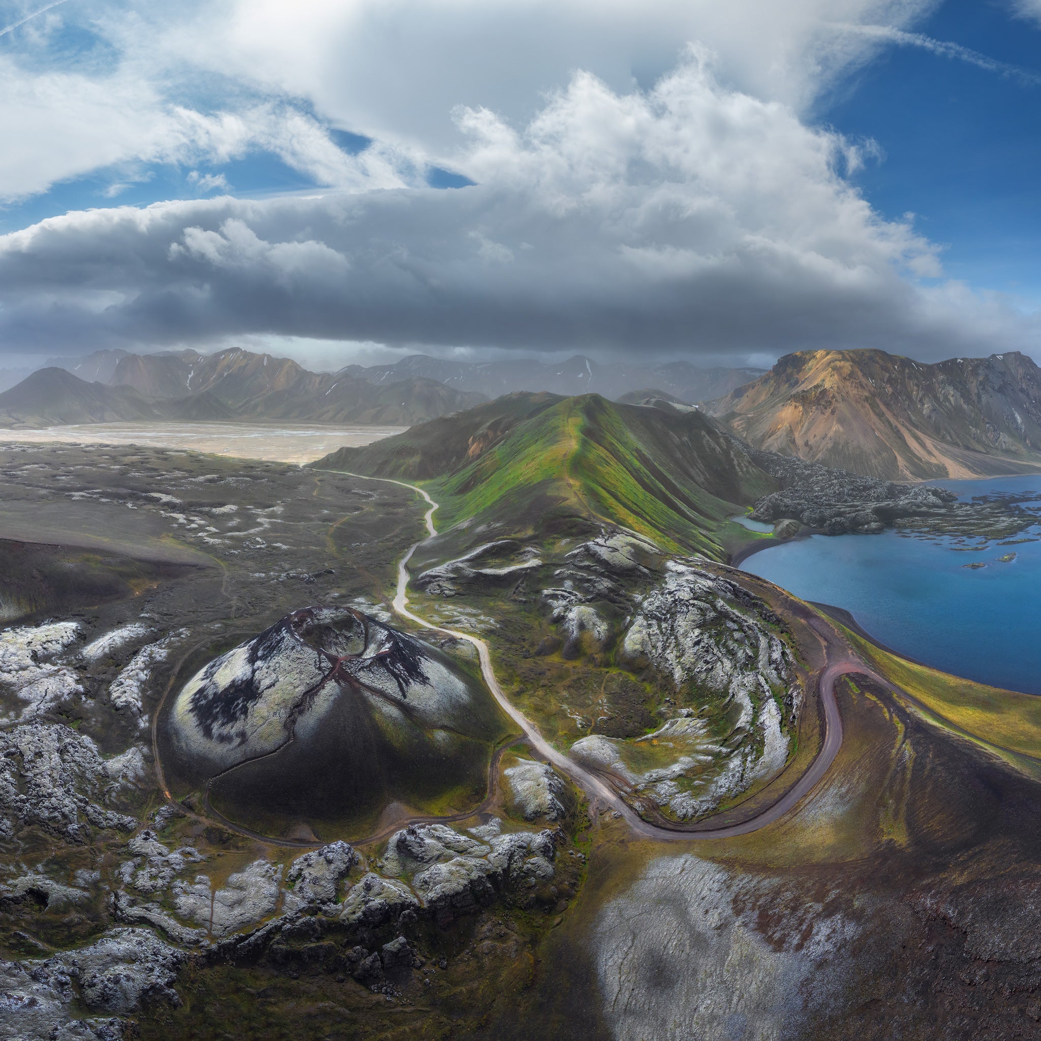 Stutur Crater, Namshraun Lava Field, and Frostastadavatn Lake seen from above in the Highlands of Iceland.