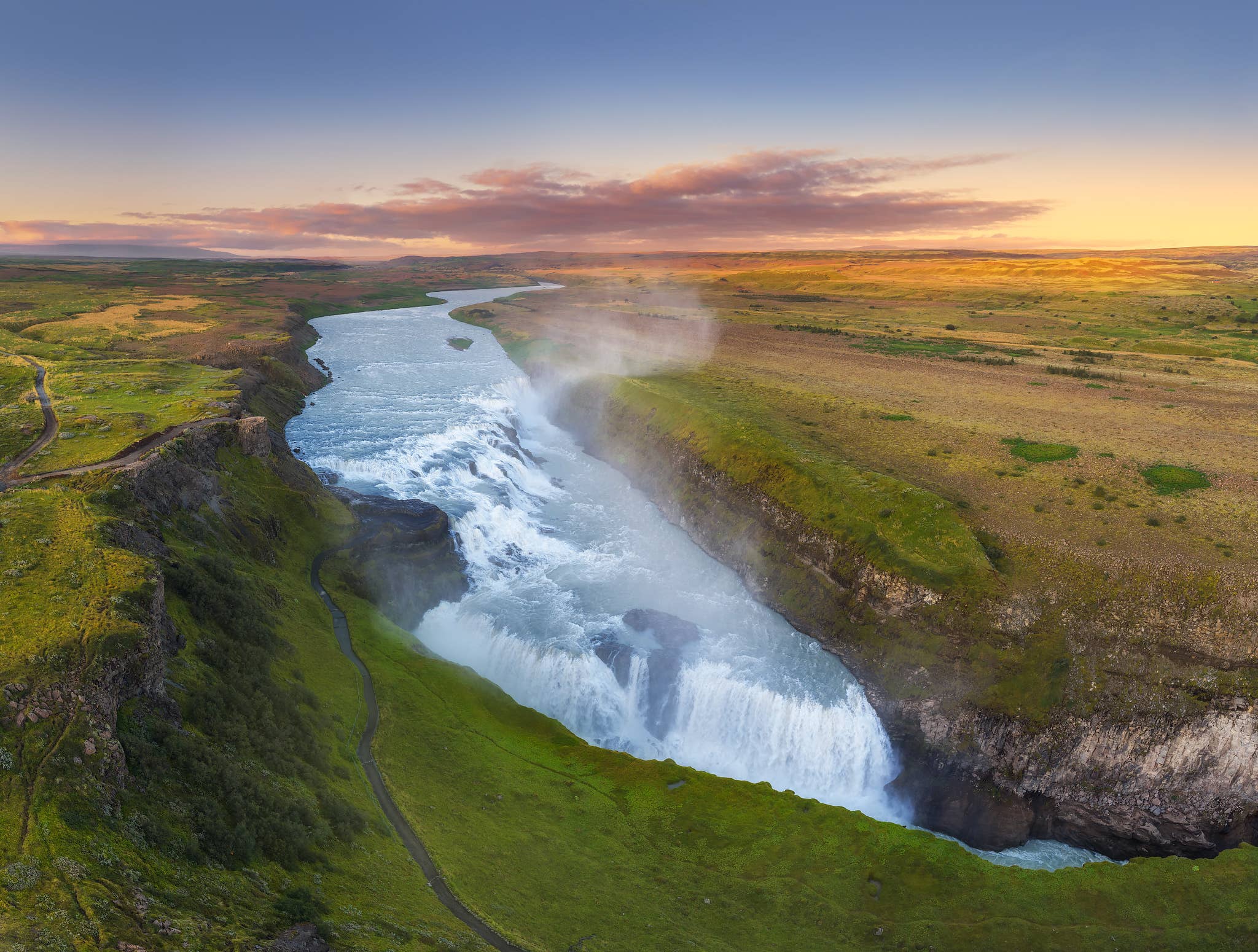 Aerial view of Gullfoss Waterfall and the Hvita River canyon on the Golden Circle in Iceland.